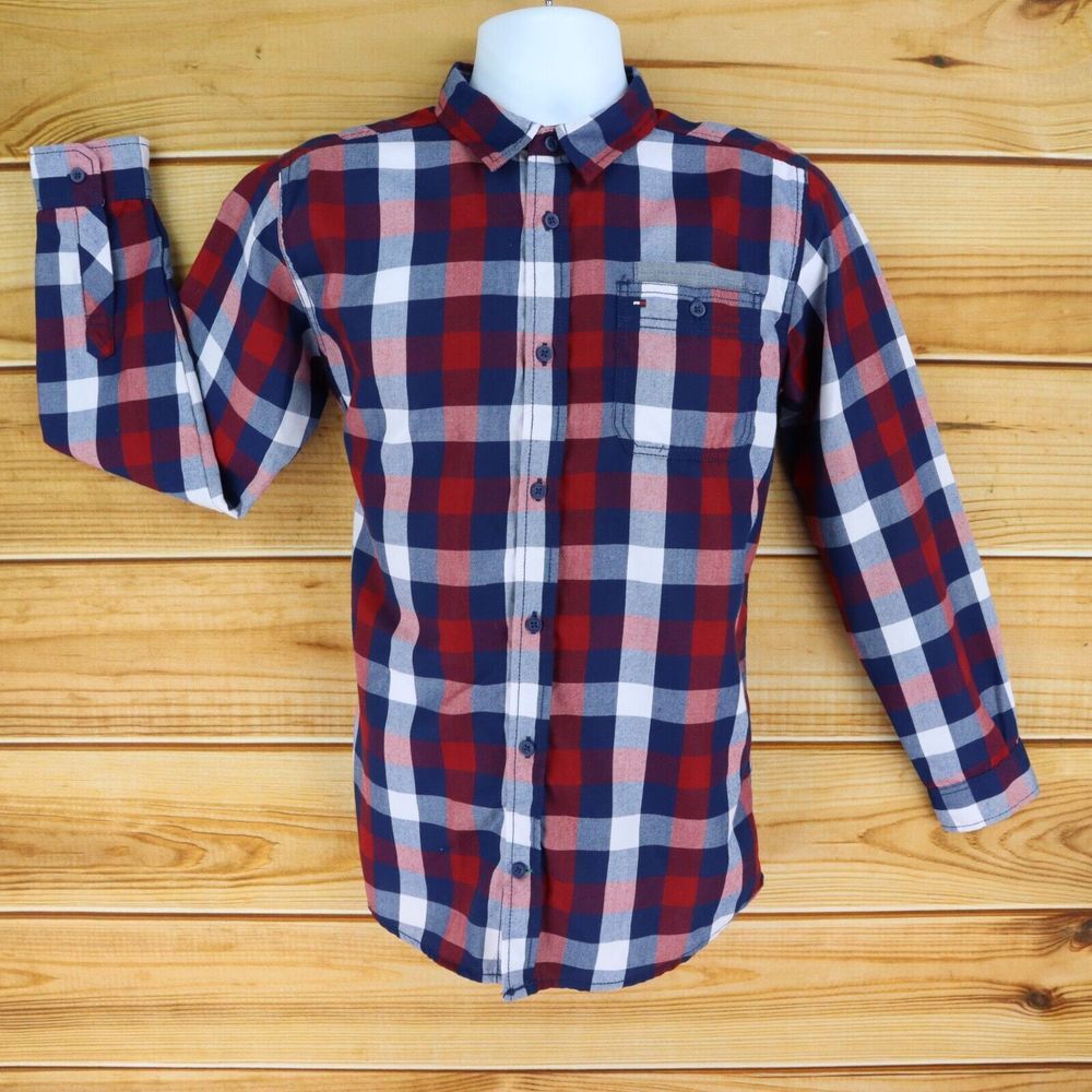 Tommy Hilfiger Button Up Shirt Boys Sz XL (20) Red White Blue Plaid Long Sleeves